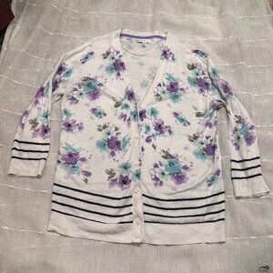 CROFT & BARROW Cardigan White w/Purple & Teal Floral Pattern Women's Medium